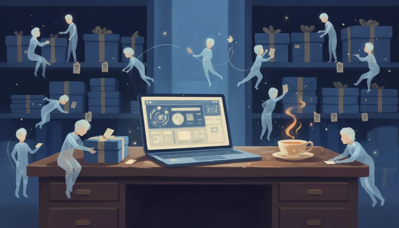 A shopkeeper's laptop on a desk at dusk, surrounded by small translucent helper figures tidying shelves of parcels.